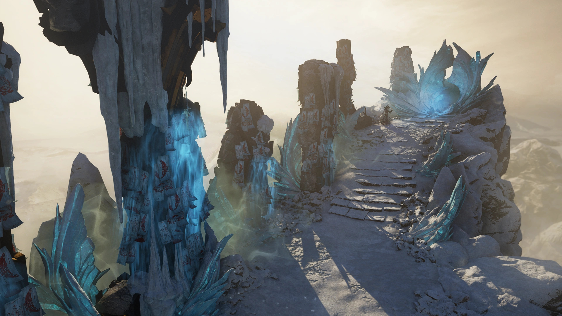 Yuvan's Peak, the new hub built around Narin's ice-locked blade and Cephalon Melica's shop. Image: Digital Extremes.